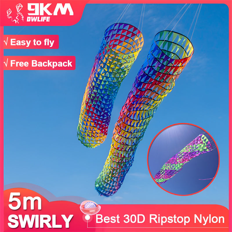 Free Shipping Giant 5m Swirly Windsock Ribbon Kite Line Laundry Super Turbine for Kite Festival 30D Ripstop Nylon Fabric with Bag